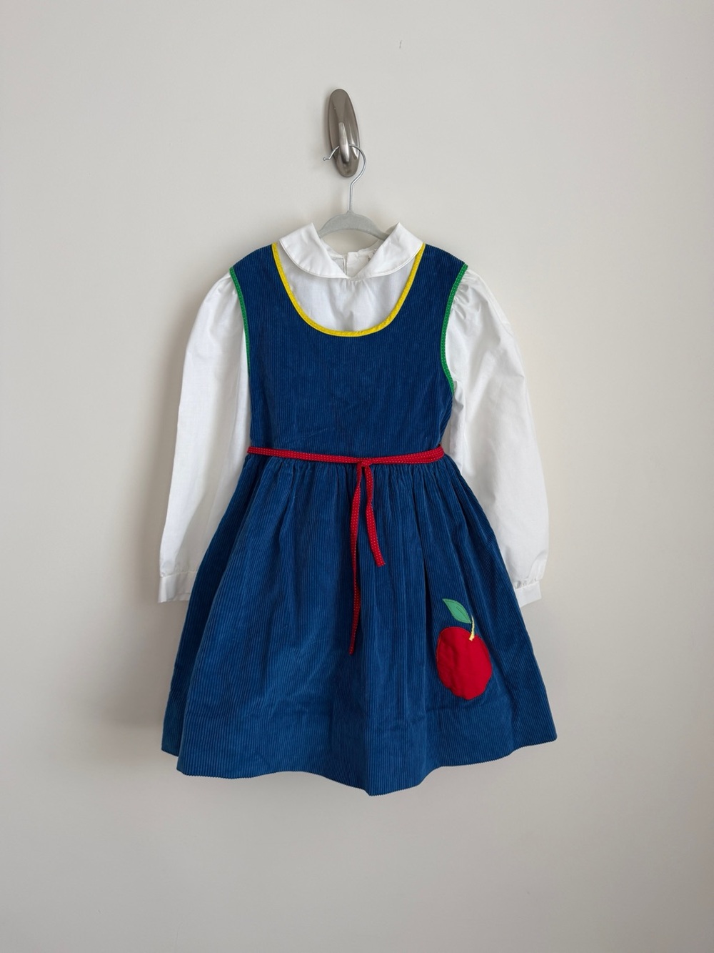 Girls Vintage Blue Velvet Apple Appliqué Dress with White PeterPan Collar Blouse
